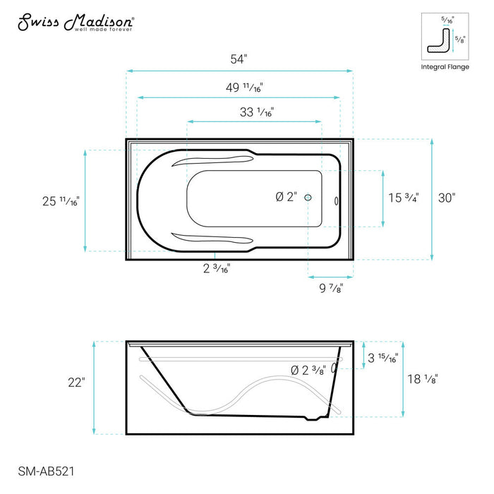 Swiss Madison Ivy 54'' x 30" Bathtub with Apron Right Hand Drain in White - SM-AB521