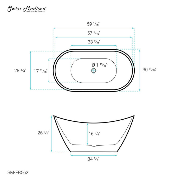 Swiss Madison Ivy 60" Double Slipper Freestanding Bathtub - SM-FB562