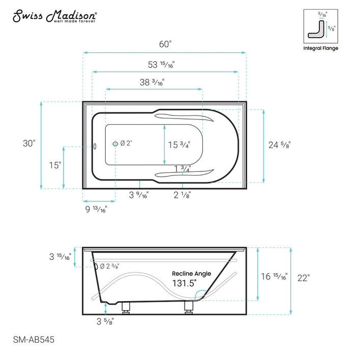 Swiss Madison Ivy 60" x 30" Left-Hand Drain Alcove Bathtub with Apron - SM-AB545