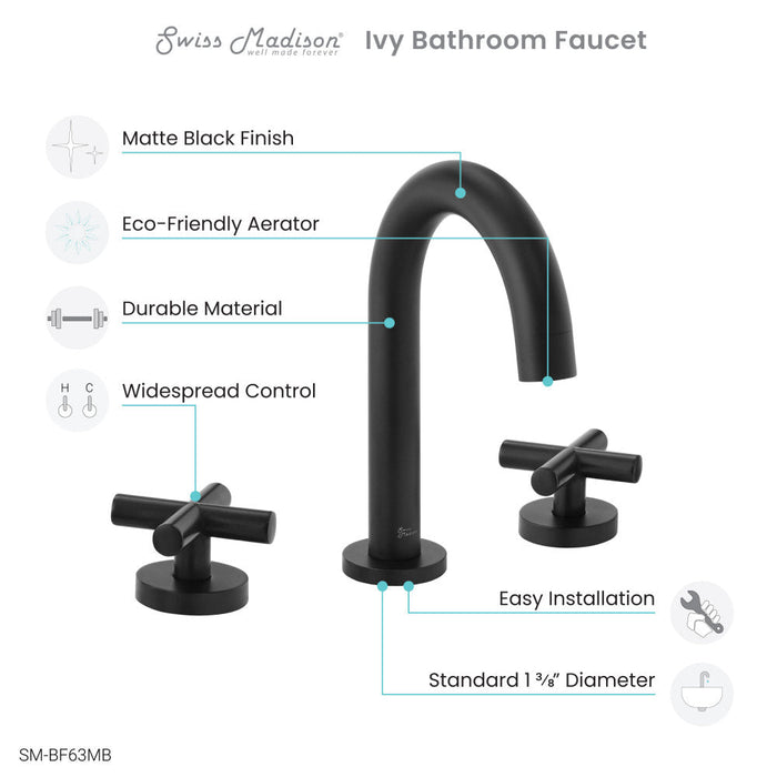 Swiss Madison Ivy Courte 8 in. Widespread, Cross Handle, Bathroom Faucet in Matte Black - SM-BF63MB