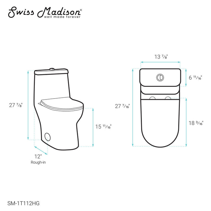 Swiss Madison Ivy One Piece Toilet Dual Vortex™ Flush, Brushed Gold Hardware 1.1/1.6 gpf - SM-1T112HG