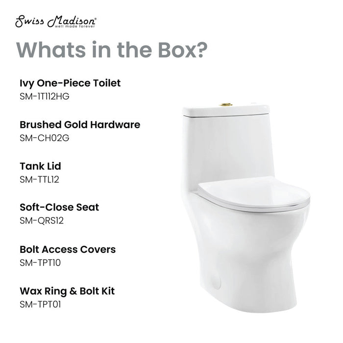 Swiss Madison Ivy One Piece Toilet Dual Vortex™ Flush, Brushed Gold Hardware 1.1/1.6 gpf - SM-1T112HG