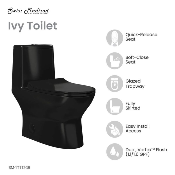 Swiss Madison Ivy One Piece Toilet Dual Vortex Flush in Glossy Black 1.1/1.6 gpf - SM-1T112GB