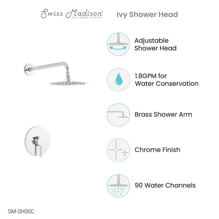 Swiss Madison Ivy Single-Handle 1 Spray 8" Wall Mounted Fixed Shower Head in Chrome (Valve Included) - SM-SH00C