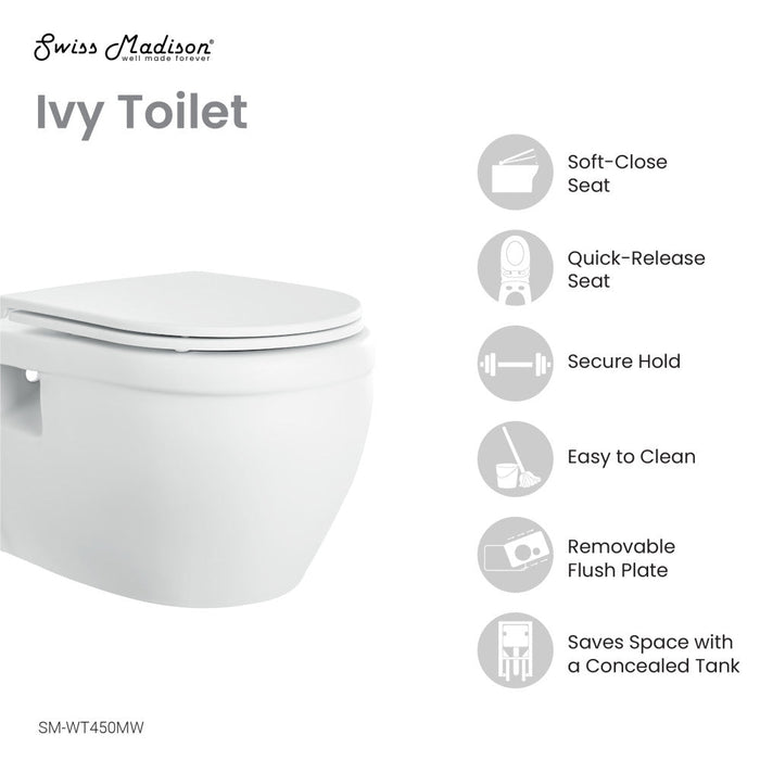 Swiss Madison Ivy Wall-Hung Elongated Toilet Bowl Only in Matte White - SM-WT450MW