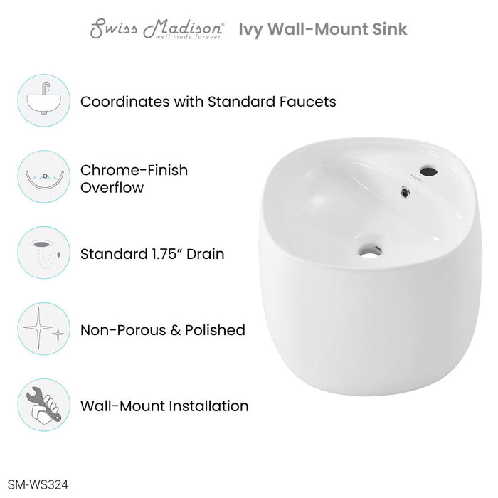 Swiss Madison Ivy 18 in. Ceramic Glossy White Wall Mount Sink - SM-WS324