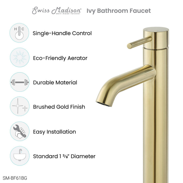 Swiss Madison Ivy Single Hole, Single-Handle, High Arc Bathroom Faucet in Brushed Gold - SM-BF61BG