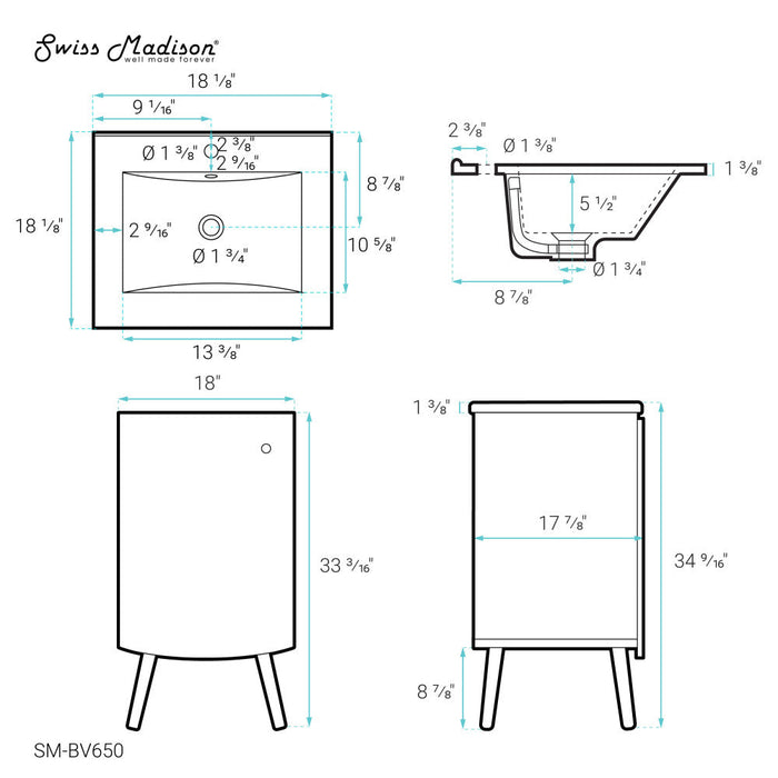 Swiss Madison Manoir 18" Bathroom Vanity in White - SM-BV650