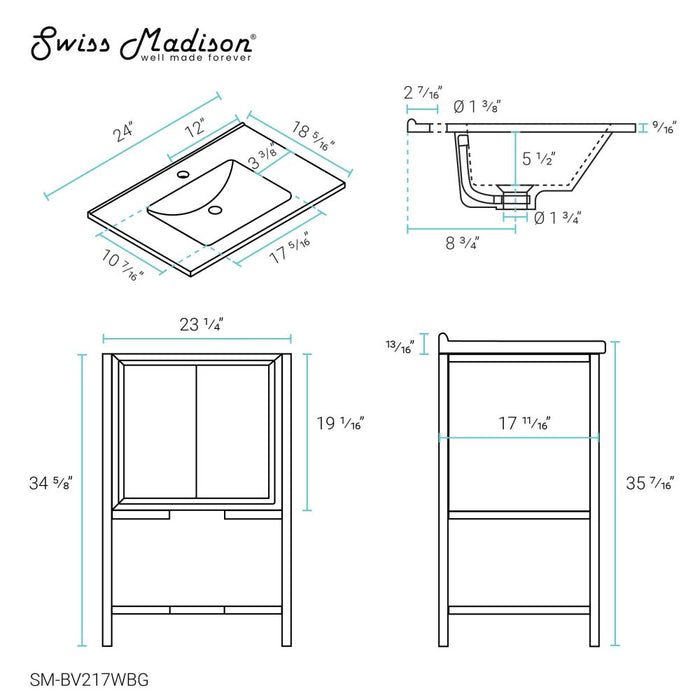 Swiss Madison Marseille 24" Bathroom Vanity in White and Brushed Gold - SM-BV217WBG