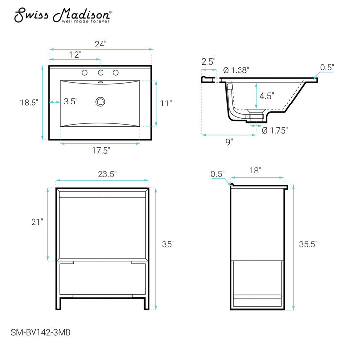 Swiss Madison Marseille 24 in. Gray Oak Bathroom Vanity With Black, 3-Hole Ceramic Sink Top - SM-BV142-3MB