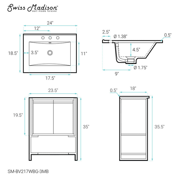 Swiss Madison Marseille 24 in. White Bathroom Vanity With Black, 3-Hole Ceramic Sink Top - SM-BV217WBG-3MB