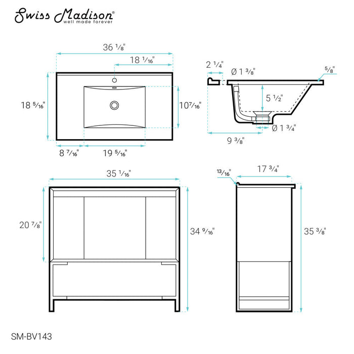 Swiss Madison Marseille 36 Single, Two Doors, One drawer, Open Shelf Bathroom Vanity - SM-BV143