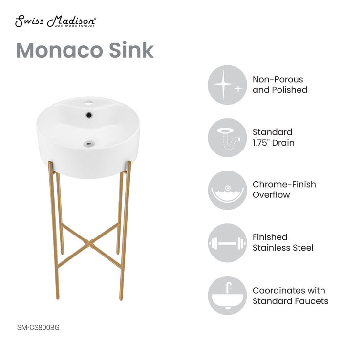 Swiss Madison Monaco 15.75" Round Console Sink with Faucet Mount, White Basin Brushed Gold Legs - SM-CS800BG