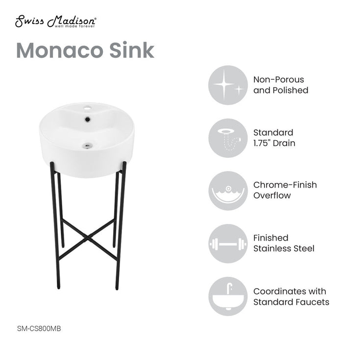 Swiss Madison Monaco 15.75" Round Console Sink with Faucet Mount, White Basin Matte Black Legs - SM-CS800MB