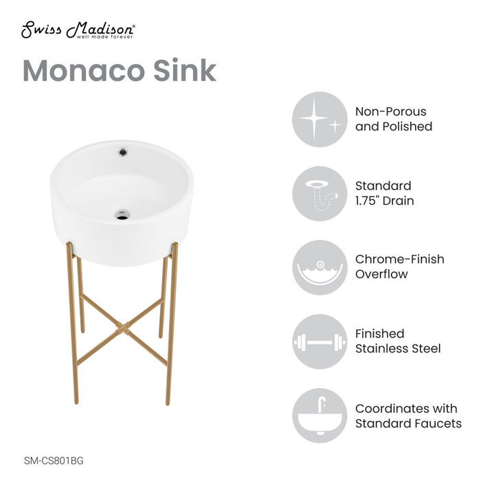 Swiss Madison Monaco 16.5" Round Console Sink, White Basin Brushed Gold Legs - SM-CS801BG