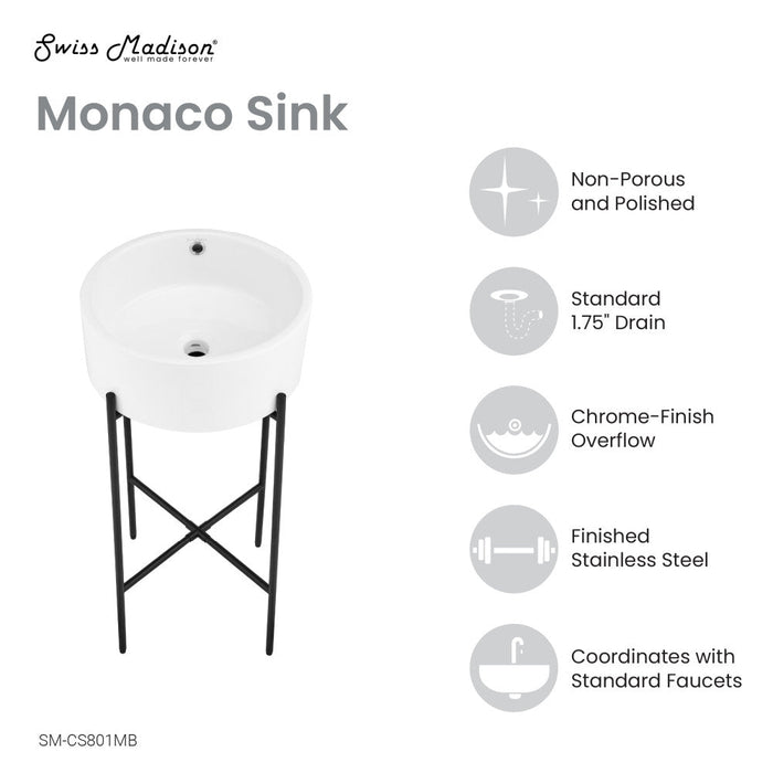 Swiss Madison Monaco 16.5" Round Console Sink, White Basin Matte Black Legs - SM-CS801MB