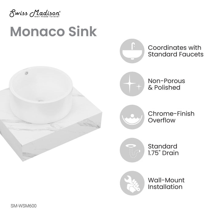 Swiss Madison Monaco 24" Floating Bathroom Shelf with Vessel Sink in White Marble - SM-WSM600