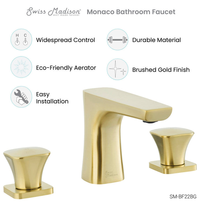 Swiss Madison Monaco 8 in. Widespread, 2-Handle, Bathroom Faucet in Brushed Gold - SM-BF22BG