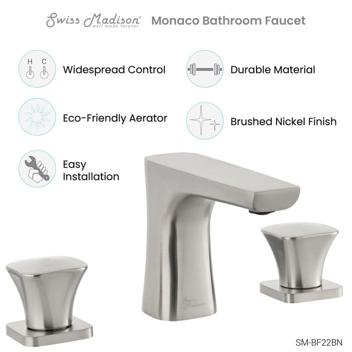 Swiss Madison Monaco 8 in. Widespread, 2-Handle, Bathroom Faucet in Brushed Nickel - SM-BF22BN