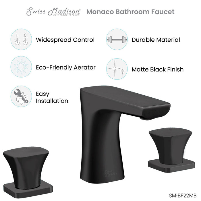 Swiss Madison Monaco 8 in. Widespread, 2-Handle, Bathroom Faucet in Matte Black - SM-BF22MB