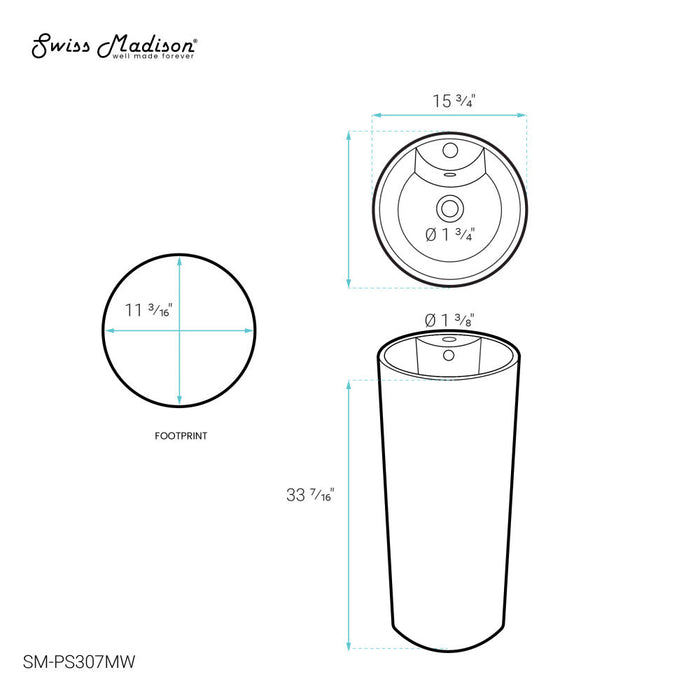 Swiss Madison Monaco Circular Basin Pedestal Sink in Matte White - SM-PS307MW