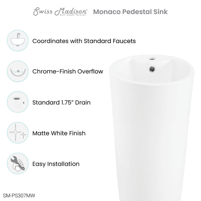 Swiss Madison Monaco Circular Basin Pedestal Sink in Matte White - SM-PS307MW