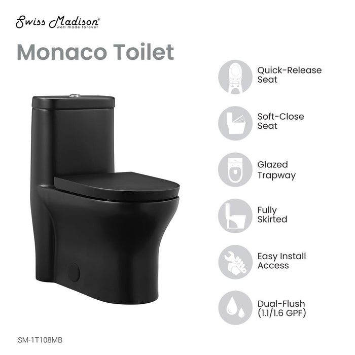 Swiss Madison Monaco One-Piece Elongated Toilet Dual-Flush, Matte Black 1.1/1.6 gpf - SM-1T108MB