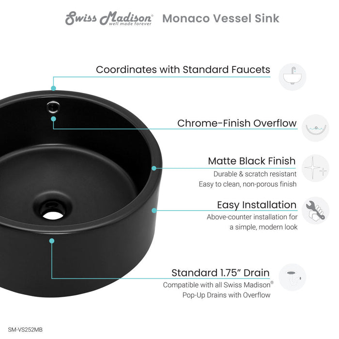 Swiss Madison Monaco 16.5” Round Vessel Sink in Matte Black - SM-VS252MB