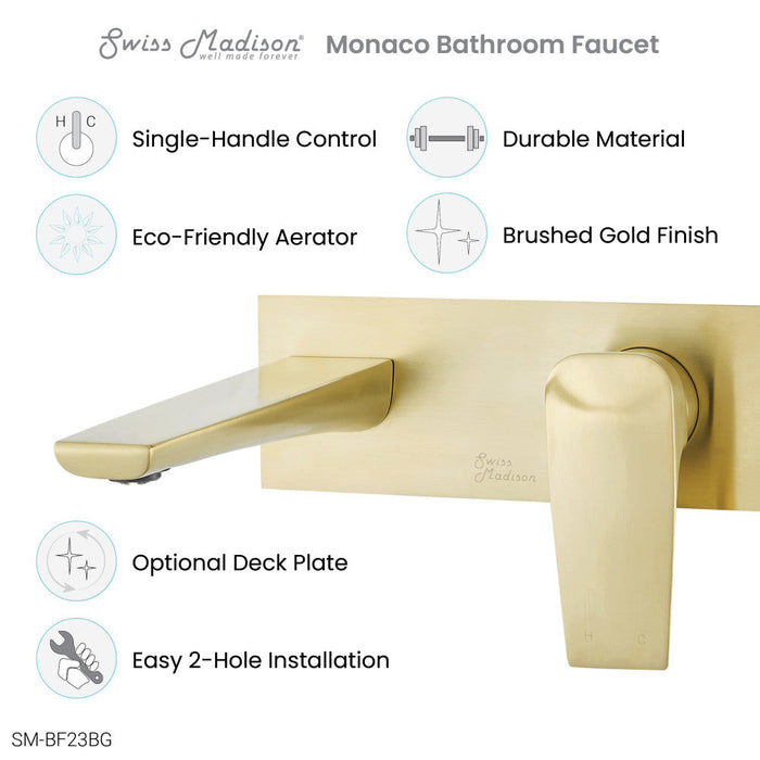 Swiss Madison Monaco Single-Handle, Wall-Mount, Bathroom Faucet in Brushed Gold - SM-BF23BG