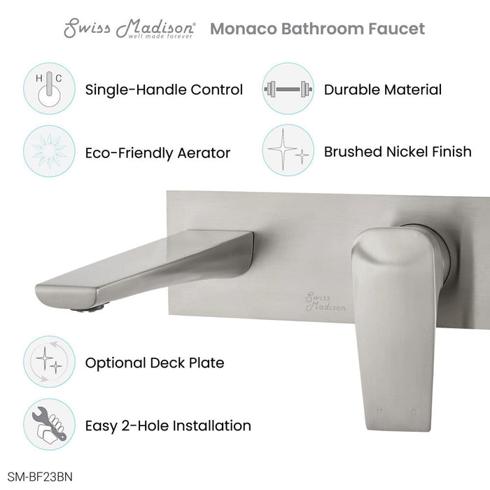 Swiss Madison Monaco Single-Handle, Wall-Mount, Bathroom Faucet in Brushed Nickel - SM-BF23BN