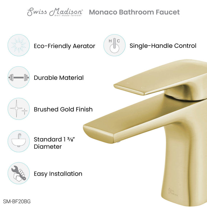 Swiss Madison Monaco Single Hole, Single-Handle, Bathroom Faucet in Brushed Gold - SM-BF20BG