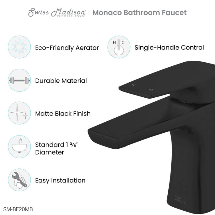 Swiss Madison Monaco Single Hole, Single-Handle, Bathroom Faucet in Matte Black - SM-BF20MB