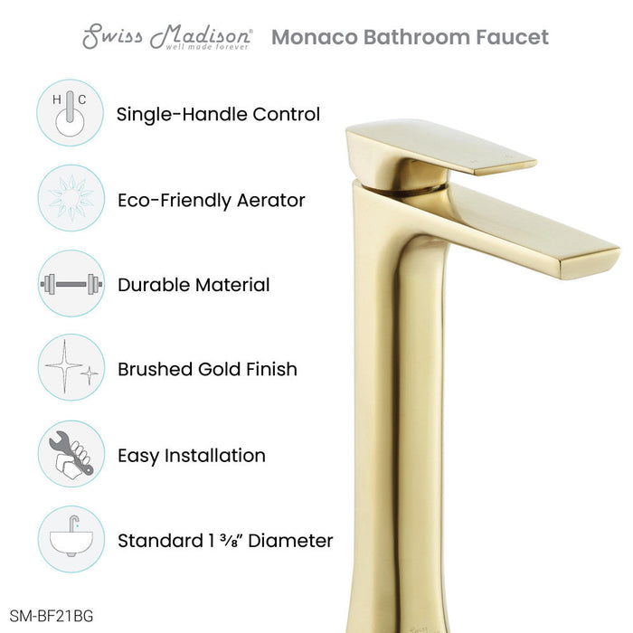 Swiss Madison Monaco Single Hole, Single-Handle, High Arc Bathroom Faucet in Brushed Gold - SM-BF21BG