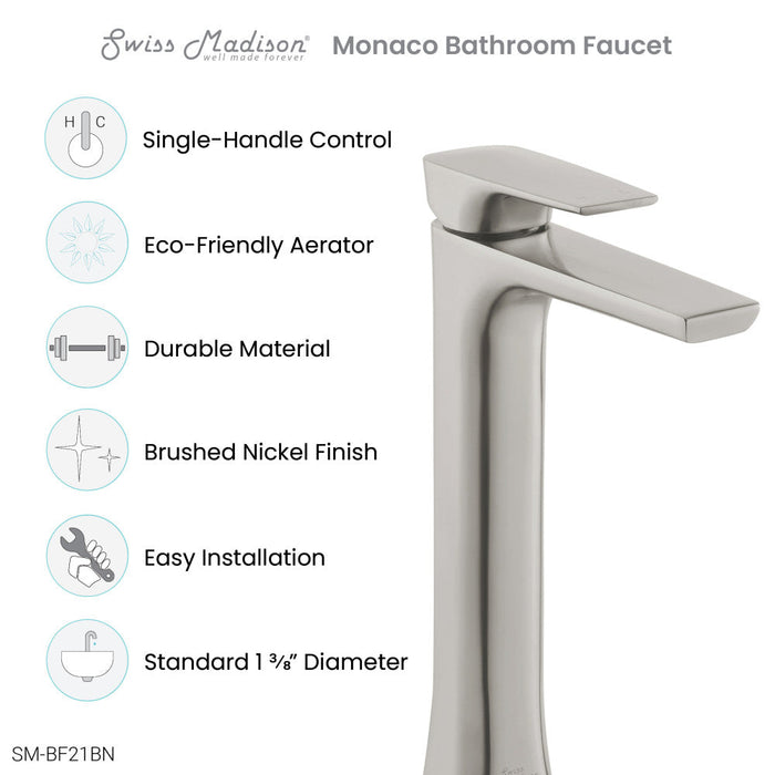 Swiss Madison Monaco Single Hole, Single-Handle, High Arc Bathroom Faucet in Brushed Nickel - SM-BF21BN