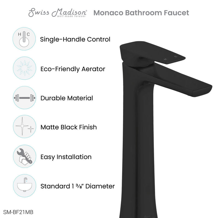 Swiss Madison Monaco Single Hole, Single-Handle, High Arc Bathroom Faucet in Matte Black - SM-BF21MB