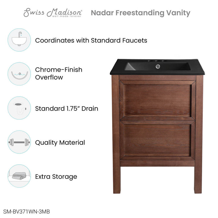 Swiss Madison Nadar 24 in. Brown Walnut Bathroom Vanity With Black, 3-Hole Ceramic Sink Top - SM-BV371WN-3MB