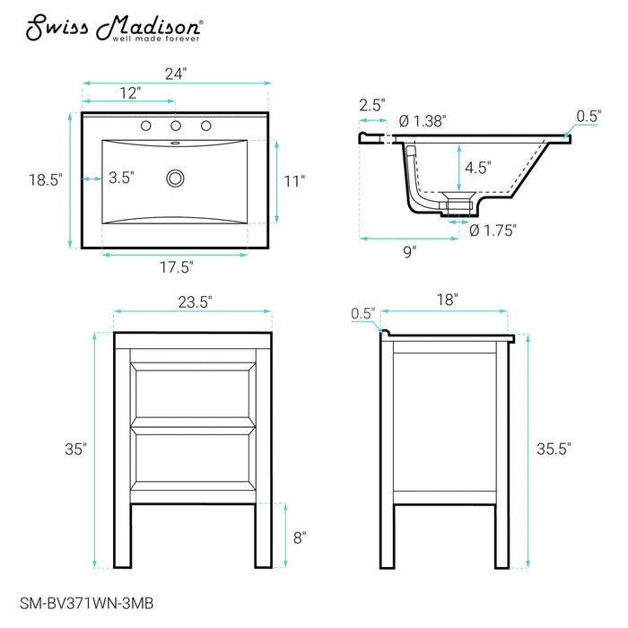 Swiss Madison Nadar 24 in. Brown Walnut Bathroom Vanity With Black, 3-Hole Ceramic Sink Top - SM-BV371WN-3MB