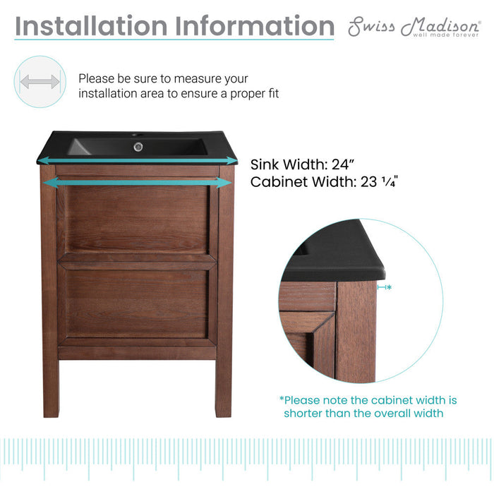 Swiss Madison Nadar 24 in. Brown Walnut Bathroom Vanity With Black Ceramic Sink Top - SM-BV371WNMB