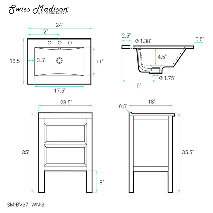 Swiss Madison Nadar 24 in. Brown Walnut Bathroom Vanity With White, 3-Hole Ceramic Sink Top - SM-BV371WN-3