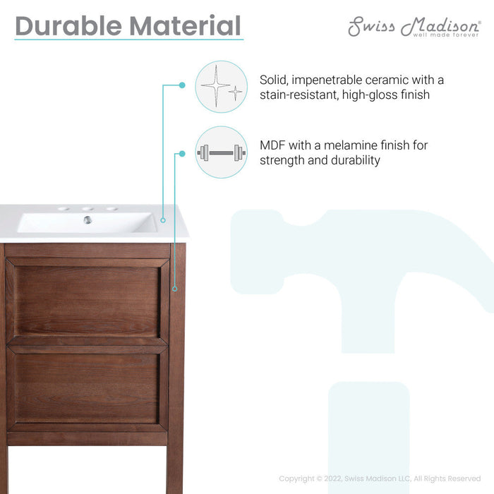 Swiss Madison Nadar 24 in. Brown Walnut Bathroom Vanity With White, 3-Hole Ceramic Sink Top - SM-BV371WN-3