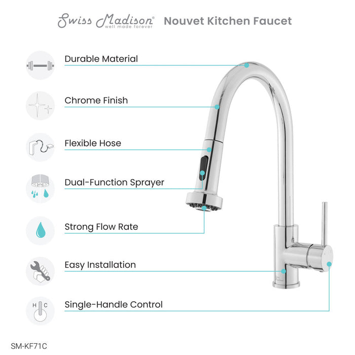 Swiss Madison Nouvet Single Handle, Pull-Down Kitchen Faucet in Chrome - SM-KF71C