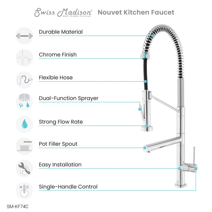 Swiss Madison Novuet Single Handle, Pull-Down Kitchen Faucet with Pot Filler in Chrome - SM-KF74C