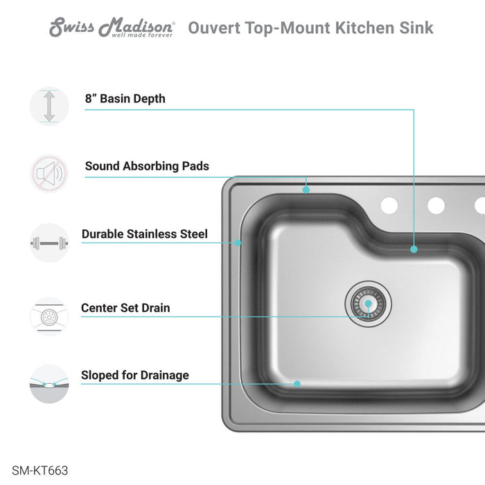 Swiss Madison Ouvert 25 x 22 Stainless Steel Single Basin Top-Mount Kitchen Sink - SM-KT663