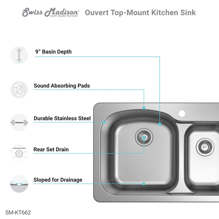 Swiss Madison Ouvert 33 x 22 Stainless Steel, Dual Basin, Top-Mount Kitchen Sink - SM-KT662