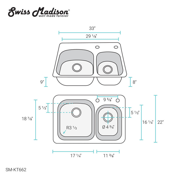 Swiss Madison Ouvert 33 x 22 Stainless Steel, Dual Basin, Top-Mount Kitchen Sink - SM-KT662