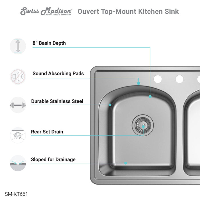 Swiss Madison Ouvert 33 x 22 Stainless Steel, Dual Basin, Top-Mount Kitchen Sink - SM-KT661