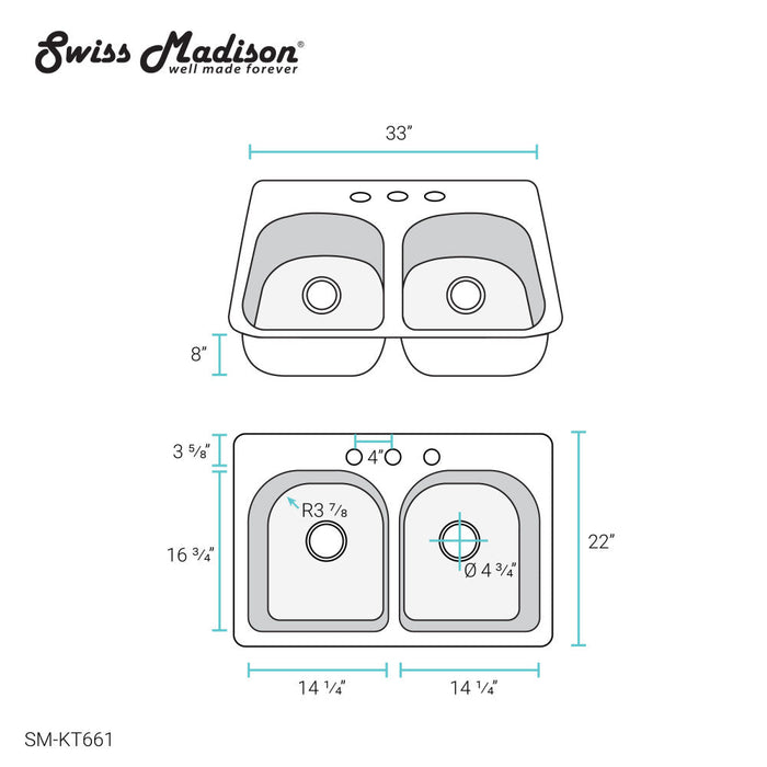 Swiss Madison Ouvert 33 x 22 Stainless Steel, Dual Basin, Top-Mount Kitchen Sink - SM-KT661