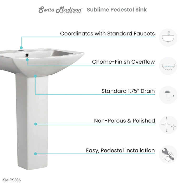 Swiss Madison Sublime Two-Piece Glossy White Ceramic Rectangular Pedestal Sink - SM-PS306