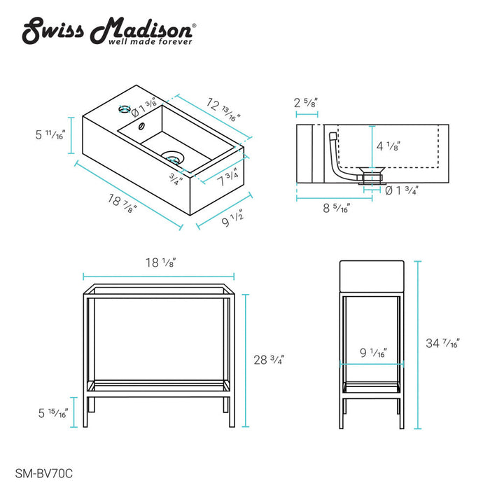 Swiss Madison Pierre 19.5 Single, Freestanding, Open Shelf, Chrome Metal Frame Bathroom Vanity - SM-BV70C