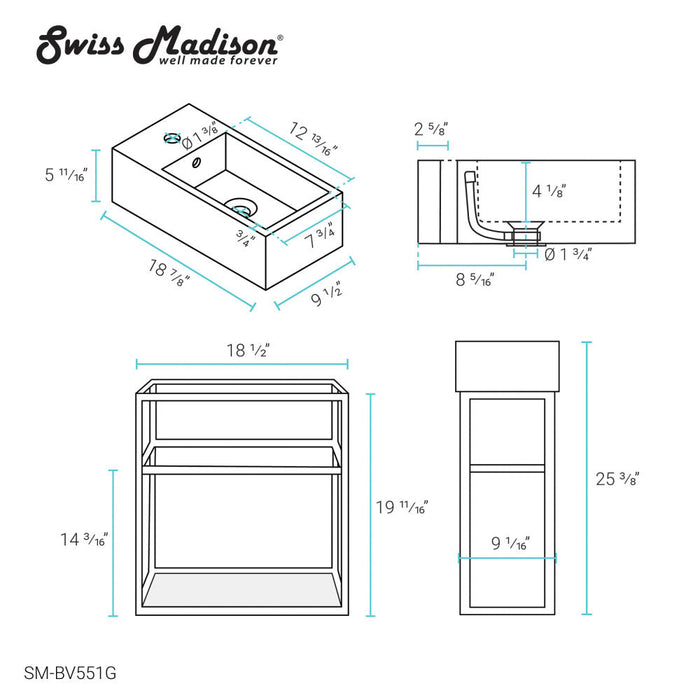 Swiss Madison Pierre 19.5 Single, Open Shelf, Gold Metal Frame Bathroom Vanity - SM-BV551G